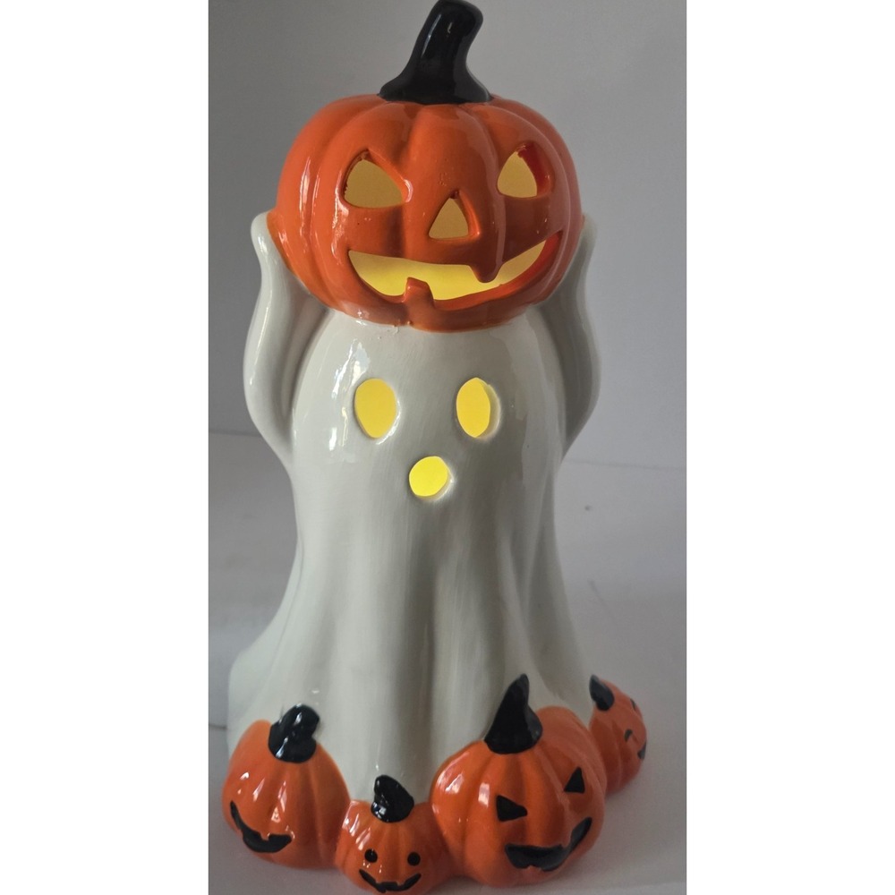Ceramic Ghost Pumpkin LED Light Up Halloween Figurine 12.5in Orange White NEW